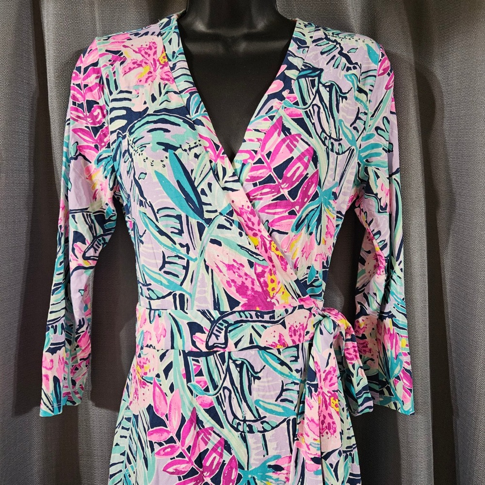 Lilly Pulitzer Pink Teal Tropical Floral Long Sleeve Wrap Dress Small